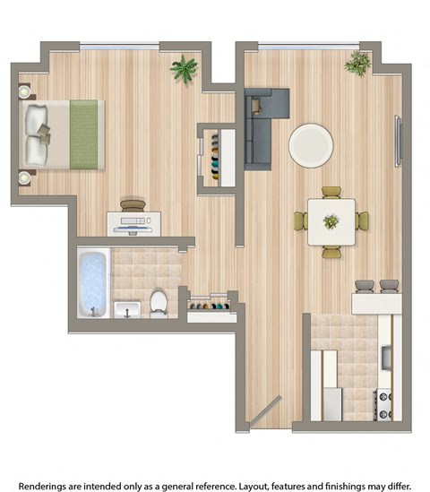 hilltop house one bedroom apartment floor plan rendering